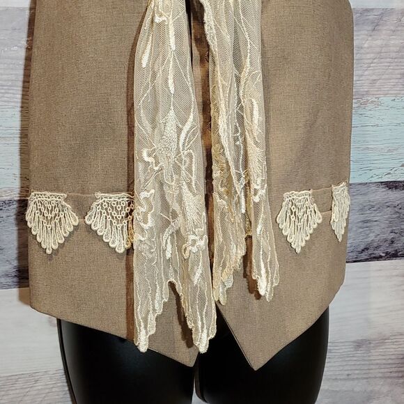 Handcrafted Upcycled Tweed Vest With Lace Scarf & Trim, Sz M? - Picture 4 of 5